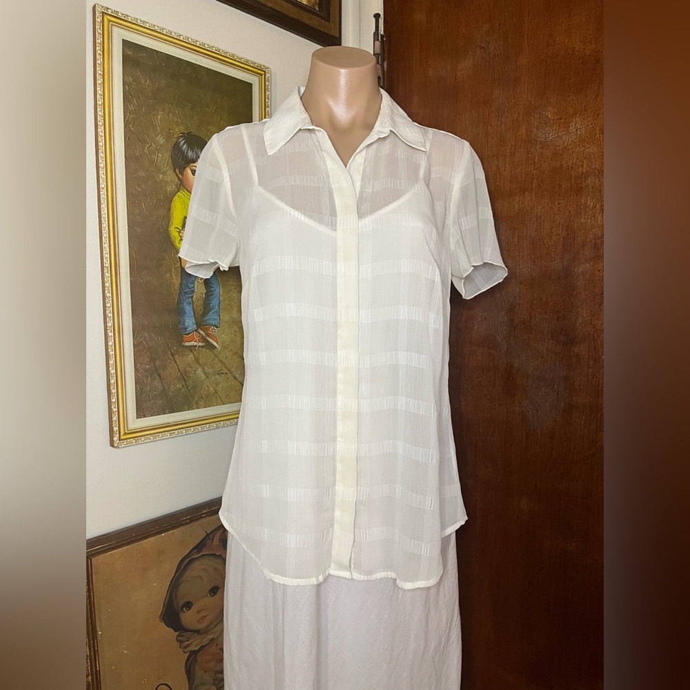 Coldwater Creek Top Womens XS Ivory Short Sleeve Button Up Casual Sheer Blouse
